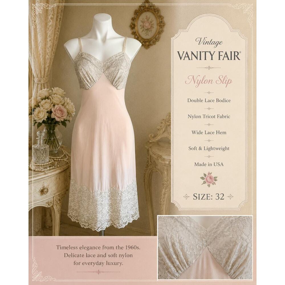 Vintage 60s Vanity Fair Blush Pink Nylon Tricot Slip Double Lace Bodice Hem  32 - Picture 9 of 11